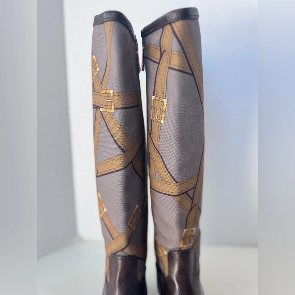 Tory Burch Felix Leather Canvas Tall Zip Equestrian Riding Boot Women’s Size 5
